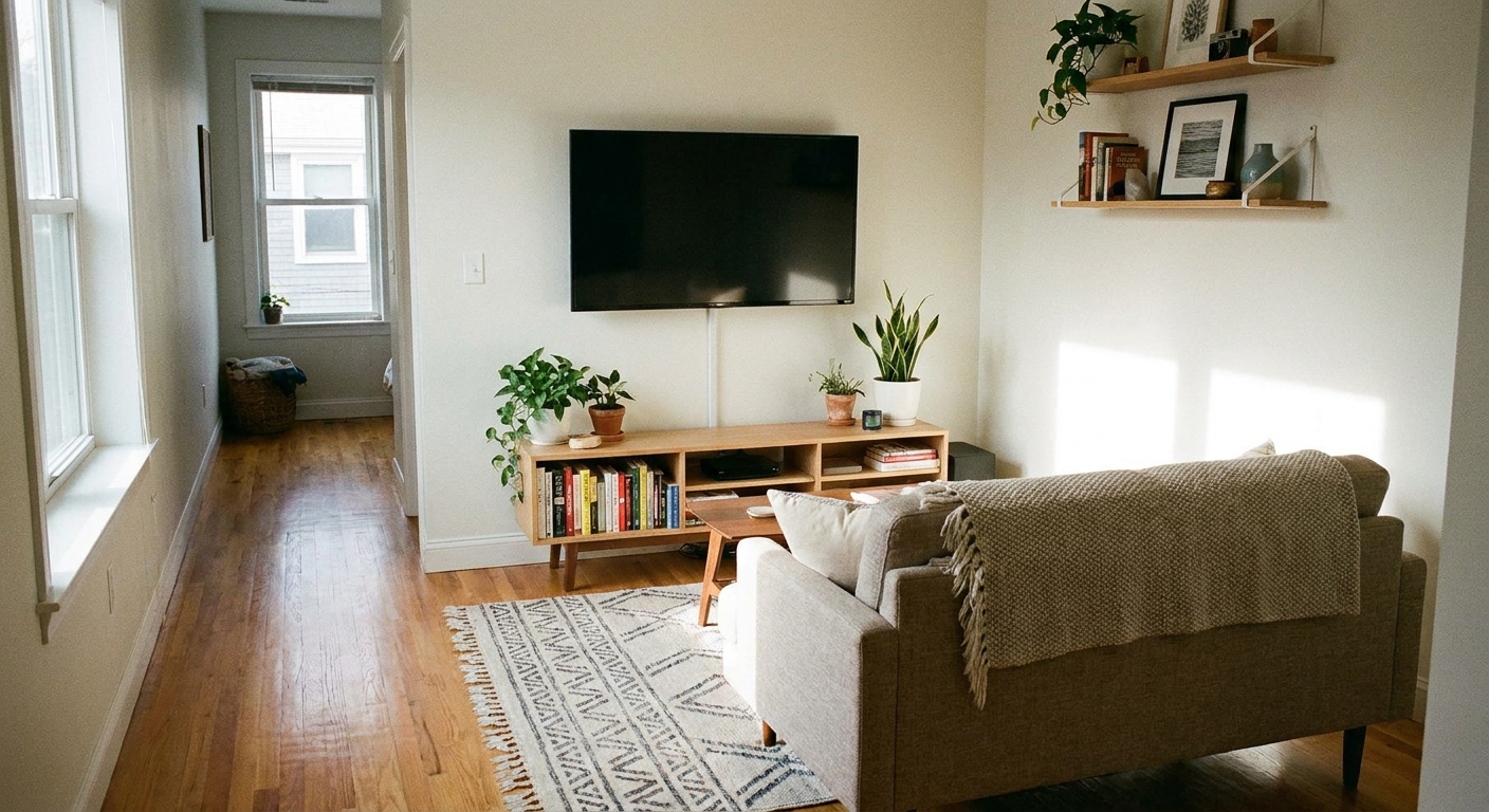A small living room with a wall-mounted TV above a low media console, a compact sofa facing it, and a clear walkway along the side