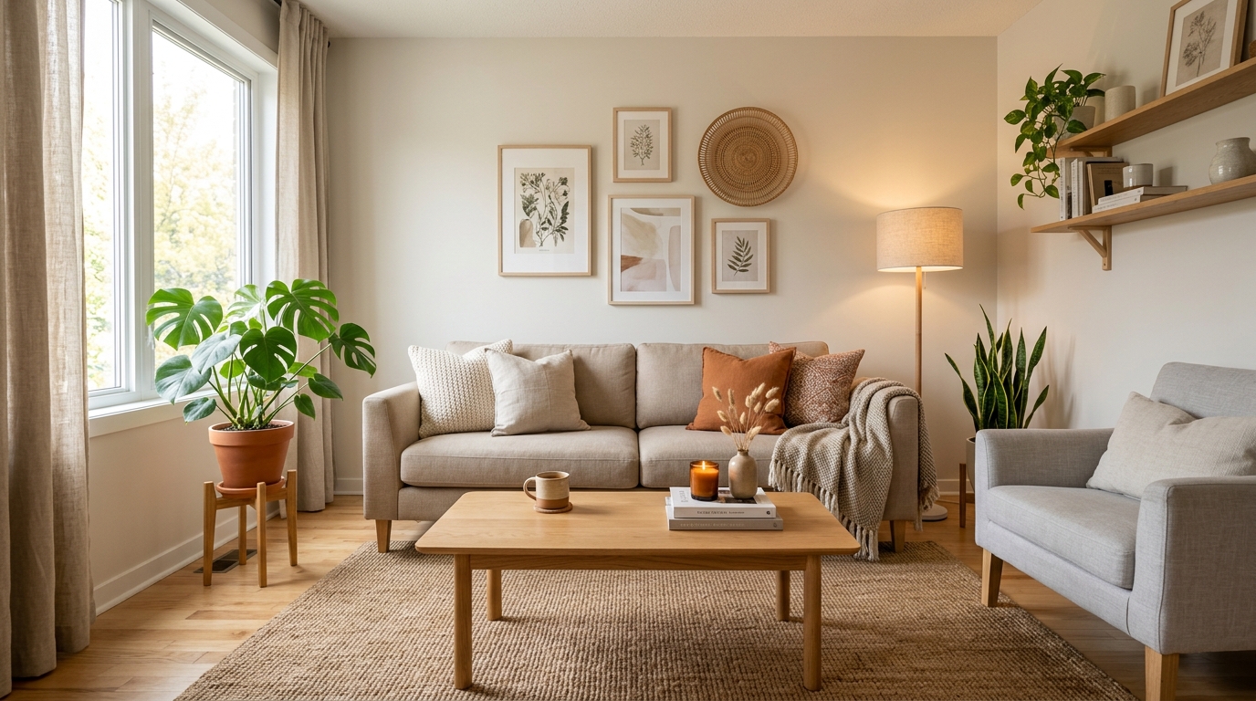 A small living room with warm neutral walls, light trim, and a compact sofa near a window, showing an airy and open feel