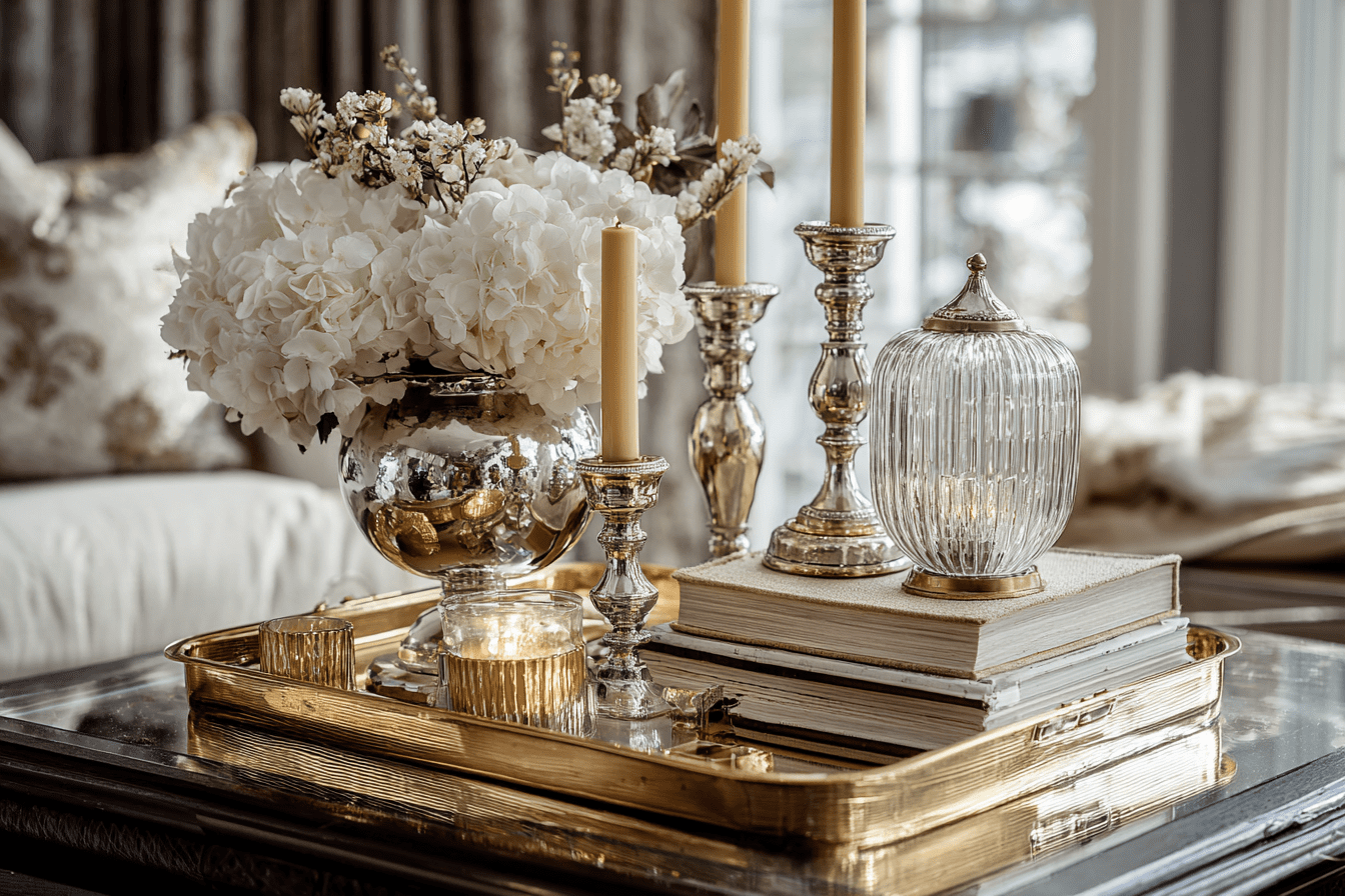 A styled coffee table tray holding a brass candlestick, a matte black small sculpture, and a silver-toned bud vase on a linen runner