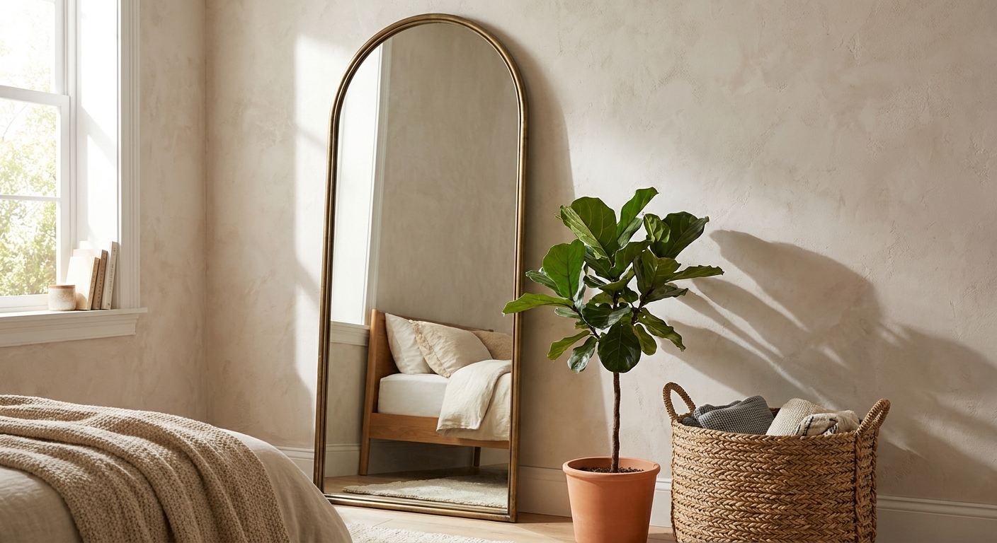 A tall arched floor mirror leaning against a bedroom wall beside a small plant and a woven basket