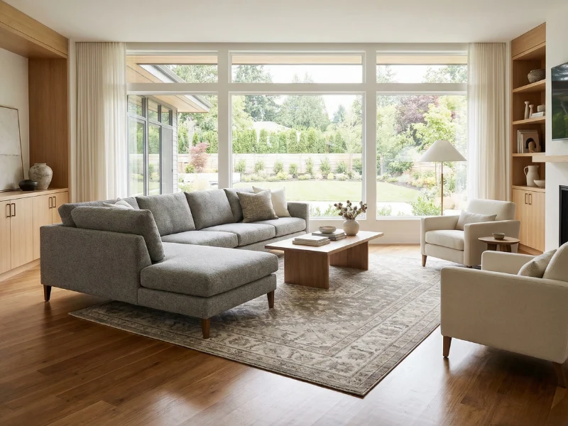 An open-plan space with a sectional and coffee table sitting on a large rug that defines the living area, with a dining area visible nearby