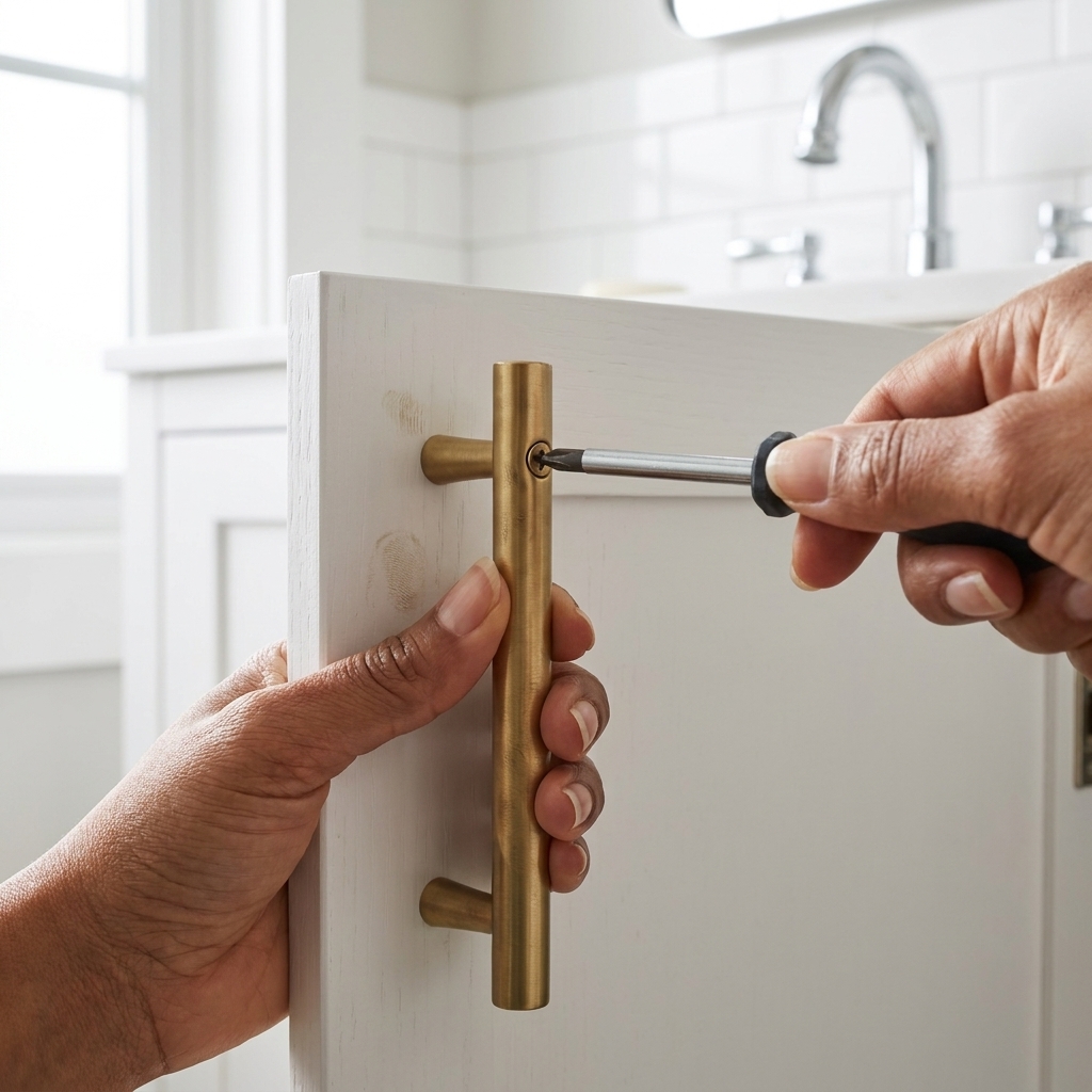 Close-up of a hand installing a brushed brass cabinet pull on a white bathroom vanity door, realistic interior photo