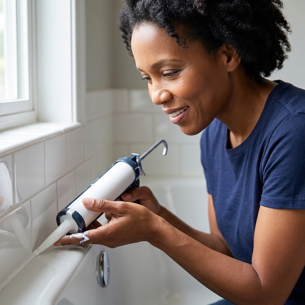 Close-up of a person applying fresh white caulk along the edge of a bathtub where it meets tile, realistic interior photo