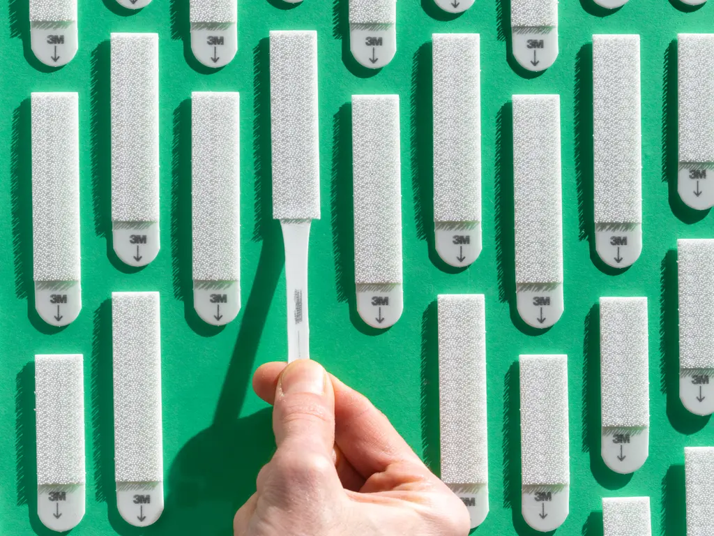 Hands aligning a framed print on a painted wall using removable hanging strips, with a small level held at the top edge of the frame