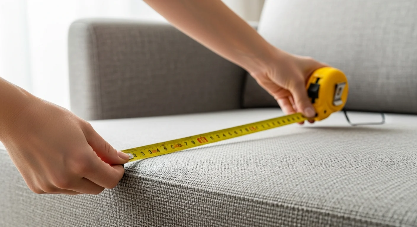 Hands holding a tape measure across the back of a sofa to determine the correct width for wall art above it