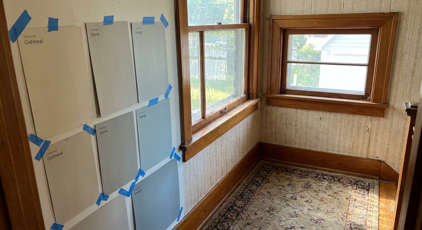 Paint sample boards taped to a small room wall near a window, showing how the same neutral shifts cooler in indirect daylight