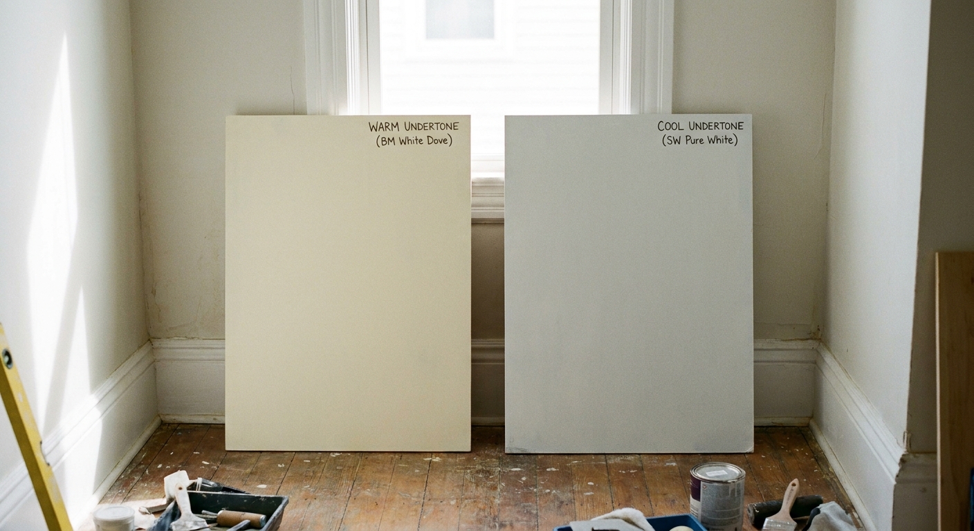 Two painted sample boards leaning against white trim in a small room, showing how undertones change next to the trim color